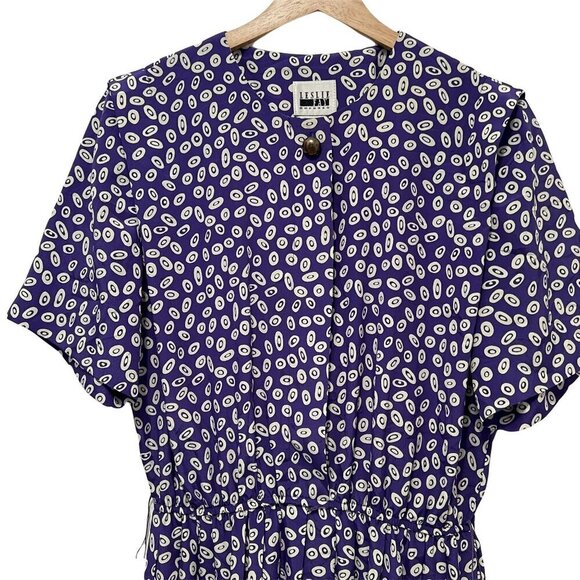 VTG 80s Leslie Fay Shirtwaist Dress Size 10 Pleated Skirt Geometric Modest - Picture 2 of 9